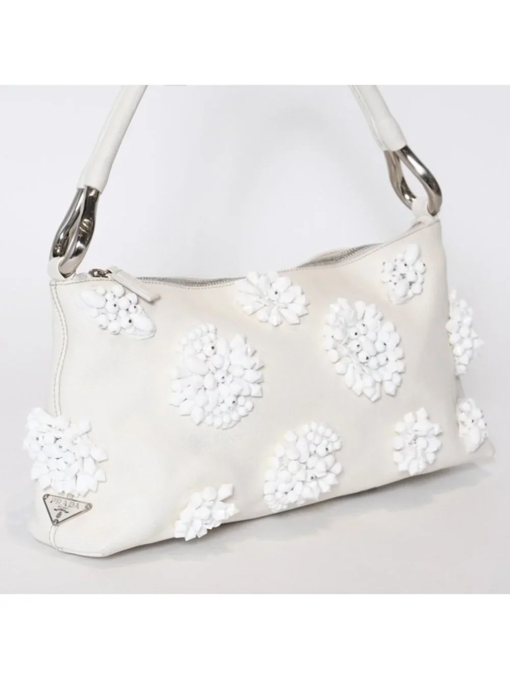 Prada Hobo Handbag Beads Leather White